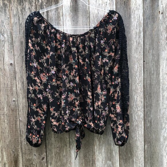 Sheer Floral Flowy Boho Crochet Long Sleeve Blouse - Picture 1 of 5